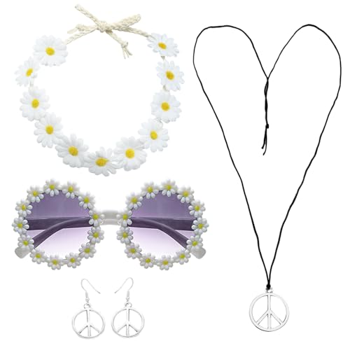 FUIPVGI 5 Stücke Hippie Kostüm Zubehör Set 60er 70er Kostüm Zubehör, Gänseblümchen Blumen Stirnband Vintage Rund Brille Friedenszeichen Halskette und Ohrringe, Verkleidung Hippie Party Zubehör (Weiß) von FUIPVGI