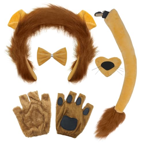 FUIPVGI 5 Stück Löwe Kostüm Zubehör Set,Löwenohren Plüsch Stirnband Schwanz Nase Fliege und Handschuhe Kostüm Set,Tier Kostüm Set für Kinder Erwachsene Thema Party Favors Weihnachten Halloween(Löwe) FUIPVGI 5 Stück Löwe Kostüm Zubehör Set,Löwenohren Plüsch Stirnband Schwanz Nase Fliege und Handschuhe Kostüm Set,Tier Kostüm Set für Kinder Erwachsene Thema Party Favors Weihnachten Halloween(Löwe) von FUIPVGI