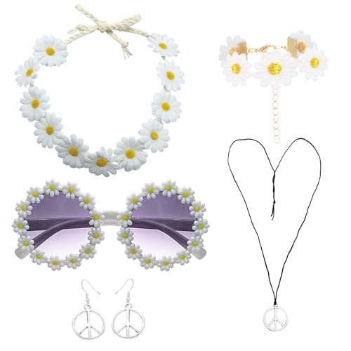 FUIPVGI 6 Stücke Hippie 60er 70er Kostüm Zubehör Set, Gänseblümchen Blumen Stirnband Vintage Rund Brille Friedenszeichen Halskette und Ohrringe Armband, Verkleidung Hippie Party Zubehör (Weiß) von FUIPVGI