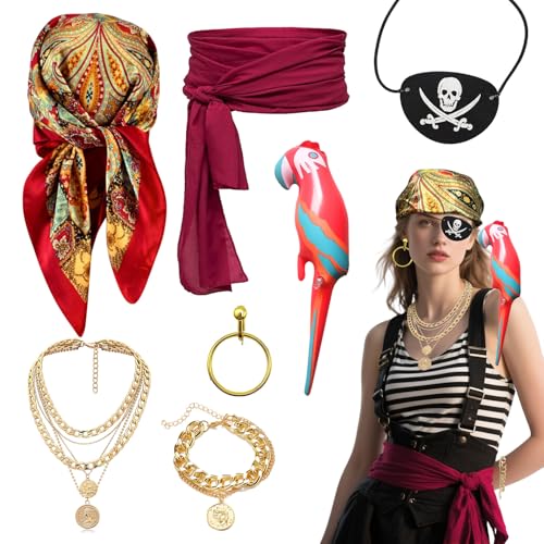 FUIPVGI 7-teiliges Kostümzubehör-Set für Damen, mittelalterliches Piratenkostüm-Zubehör-Set, Kopftuch, Piratengürtel, Ohrringe, Augenklappe, Halskette, Armband, aufblasbarer Papagei für Halloween (7 FUIPVGI 7-teiliges Kostümzubehör-Set für Damen, mittelalterliches Piratenkostüm-Zubehör-Set, Kopftuch, Piratengürtel, Ohrringe, Augenklappe, Halskette, Armband, aufblasbarer Papagei für Halloween (7 von FUIPVGI