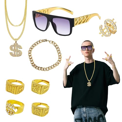 FUIPVGI 8 Stück Zuhälter Kostüm, 80er 90er Jahre Outfit Herren Hip Hop Kostüm Retro-Stil, Goldkette Gangster Sonnenbrille Goldene Dollar Kette Ring Hanzi-Ringe, für Karneval Fasching Mottoparty (Gold) FUIPVGI 8 Stück Zuhälter Kostüm, 80er 90er Jahre Outfit Herren Hip Hop Kostüm Retro-Stil, Goldkette Gangster Sonnenbrille Goldene Dollar Kette Ring Hanzi-Ringe, für Karneval Fasching Mottoparty (Gold) von FUIPVGI