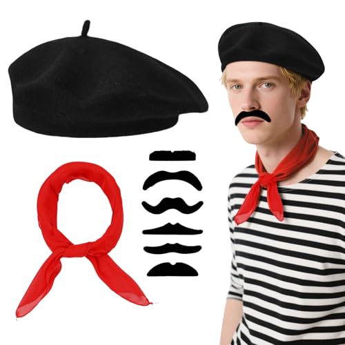 FUIPVGI 8 Stück französisches Kostüm, Karneval Pantomime Kostüm-Set für Damen und Herren, Baskenmütze Schnurrbart Rotes Tuch, Schnurrbart für Kostüm, Haarschmuck, Outfit, Karneval, Mottoparty (Schwarz von FUIPVGI