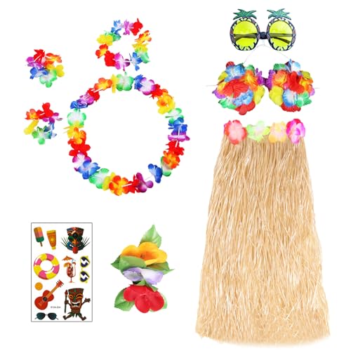 FUIPVGI 9 Stücke Hawaiian Hula Rock Mottoparty Kostüm Set, hawaiianischer Hula-Bastrock mit Sonnenbrille, Leis-Halskette und Armbändern, Blumen-BH, für Tropical Beachparty, Sommerfest (Multicolor) FUIPVGI 9 Stücke Hawaiian Hula Rock Mottoparty Kostüm Set, hawaiianischer Hula-Bastrock mit Sonnenbrille, Leis-Halskette und Armbändern, Blumen-BH, für Tropical Beachparty, Sommerfest (Multicolor) von FUIPVGI