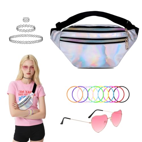FUIPVGI 90er Jahre Accessoires, 80er 90er Jahre Outfit Damen 90s Outfit Damen mit Herz Sonnenbrille Rosa, Silber Bauchtasche, Halskette, Armband,für Malle Accessoires Festival Party Outfit Dame (Mehrf FUIPVGI 90er Jahre Accessoires, 80er 90er Jahre Outfit Damen 90s Outfit Damen mit Herz Sonnenbrille Rosa, Silber Bauchtasche, Halskette, Armband,für Malle Accessoires Festival Party Outfit Dame (Mehrf von FUIPVGI