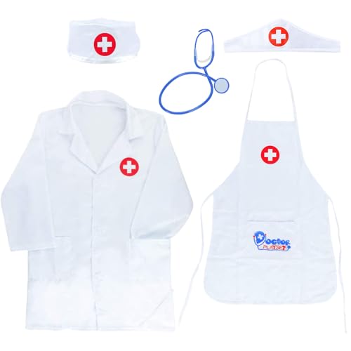 FUIPVGI Arztkostüm für Kinder, Arzt-Set, Arzt-Outfit für Mädchen und Jungen, Arzt-Kittel, Laborkittel mit Kappe, Kunststoff-Stethoskop für Rollenspiele, Halloween, Cosplay, Party, Weiß, 5-teilig FUIPVGI Arztkostüm für Kinder, Arzt-Set, Arzt-Outfit für Mädchen und Jungen, Arzt-Kittel, Laborkittel mit Kappe, Kunststoff-Stethoskop für Rollenspiele, Halloween, Cosplay, Party, Weiß, 5-teilig von FUIPVGI