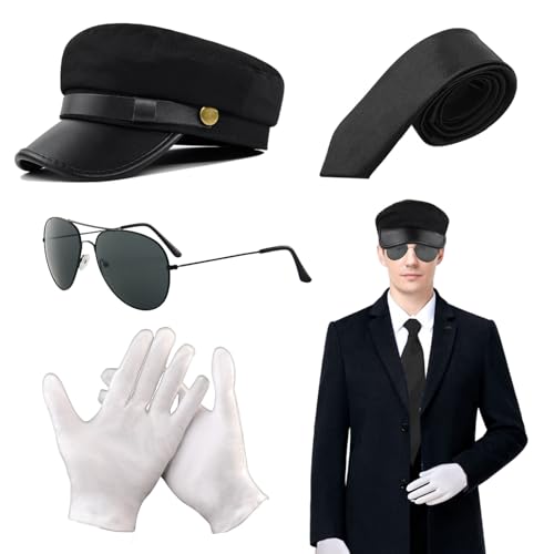 FUIPVGI Chauffeur-Kostüm, Zubehör, Fahrerkostüm, schwarzer Hut, Sonnenbrille, Krawatte, Handschuhe, 1980er-Jahre, Limousine, Taxifahrer, Verkleidung für Erwachsene, Cosplay (schwarz), 4 Stück FUIPVGI Chauffeur-Kostüm, Zubehör, Fahrerkostüm, schwarzer Hut, Sonnenbrille, Krawatte, Handschuhe, 1980er-Jahre, Limousine, Taxifahrer, Verkleidung für Erwachsene, Cosplay (schwarz), 4 Stück von FUIPVGI