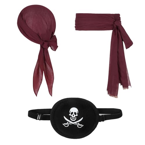 FUIPVGI 3 Stück Piratenkostüm,Piraten-Bandana und Schärpengürtel Augenklappe, Renaissance-Bandana in Weinrot,Piraten-Kostüm-Zubehör für Damen und Herren, Piratenparty Halloween(3 Stück) FUIPVGI 3 Stück Piratenkostüm,Piraten-Bandana und Schärpengürtel Augenklappe, Renaissance-Bandana in Weinrot,Piraten-Kostüm-Zubehör für Damen und Herren, Piratenparty Halloween(3 Stück) von FUIPVGI