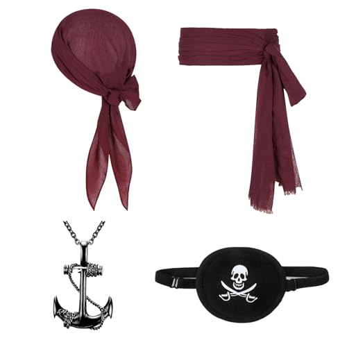 FUIPVGI 4 Stück Piratenkostüm,Piraten-Bandana und Schärpengürtel, Ankerkette mit Augenklappe,Vintage Piraten Accessoires,Mittelalter Piratenkostüm Zubehör Set für Halloween Deko Piratenparty(Weinrot) FUIPVGI 4 Stück Piratenkostüm,Piraten-Bandana und Schärpengürtel, Ankerkette mit Augenklappe,Vintage Piraten Accessoires,Mittelalter Piratenkostüm Zubehör Set für Halloween Deko Piratenparty(Weinrot) von FUIPVGI