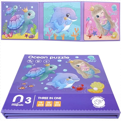 Childrens Puzzle Magnetpuzzle für Kleine Kinder, Magnetische Puzzle Buch, 3 Jigsaw Puzzle Muster in 1 Buch mit CE-zertifizierten Materialien (Ocean) von FUJIAN
