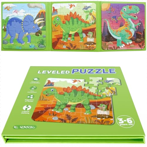 Children’s Puzzle Magnetpuzzle für Kleine Kinder, Magnetische Puzzle Buch, 3 Jigsaw Puzzle Muster in 1 Buch mit CE-zertifizierten Materialien (Dinosaurier) von FUJIAN