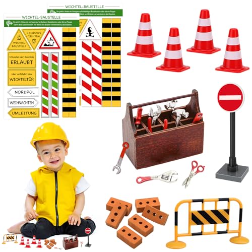 21 Stück Wichtel Zubehör Baustelle Set Einzug, FUKPO Miniatur Wichtel Zubehör Weihnachten 1 12, Puppenhaus Weihnachtswichtel Deko Party Wichteltür Werkzeugkasten Werkzeugkiste Verkehrsschilder DIY von FUKPO