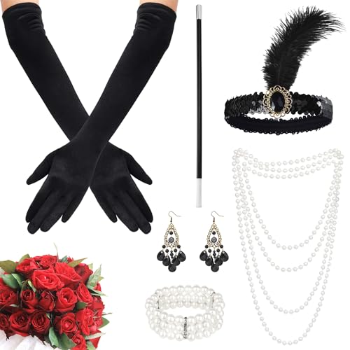 FUKPO 6 Stück 20er Jahre Accessoires Set, 20er Jahre Kostüm Damen mit Handschuhe Lang Zigarettenspitze Kopfschmuck Halskette Ohrringe Flapper Stirnband, 1920er Charleston Gatsby Accessoires Damen FUKPO 6 Stück 20er Jahre Accessoires Set, 20er Jahre Kostüm Damen mit Handschuhe Lang Zigarettenspitze Kopfschmuck Halskette Ohrringe Flapper Stirnband, 1920er Charleston Gatsby Accessoires Damen von FUKPO