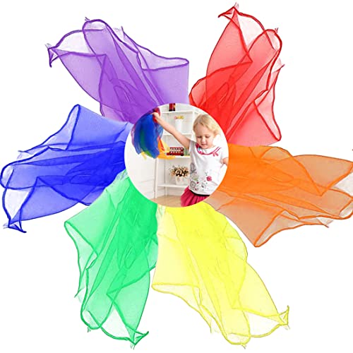 FUKPO 6 Stück Chiffontücher Set, Square Jongliertücher Performance Seide Schals Bunt Tanz Tücher Kinder Baby Kindergarten(Rot Grün Gelb Lila Blau Orange) von FUKPO
