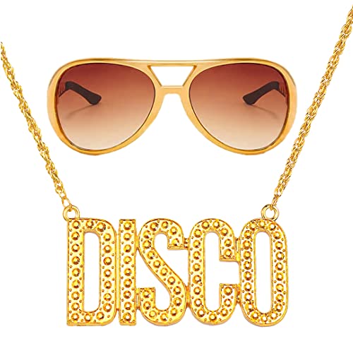 FUKPO Brille Disco Kette Gold Zubehör Set, Fasching Goldkette Rapper Kostüm Herren Gangster Schmuck Kostüm Hip Hop Hustler Bad Taste, 70er 80er 90er Jahre Outfit Karneval Mottoparty Accessoires von FUKPO