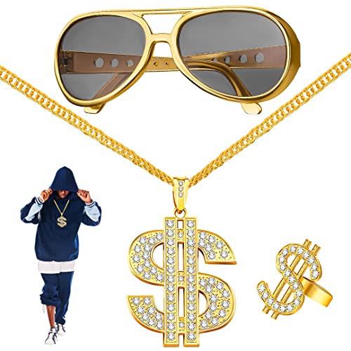 FUKPO Brille Goldene Dollar Zeichen Kette Ring Zubehör Set, Gangster Schmuck Zuhälter Pimp Kostüm Herren Fasching Hip Hop Goldkette Rapper, 70er 80er 90er Jahre Outfit Karneval Mottoparty Accessoires FUKPO Brille Goldene Dollar Zeichen Kette Ring Zubehör Set, Gangster Schmuck Zuhälter Pimp Kostüm Herren Fasching Hip Hop Goldkette Rapper, 70er 80er 90er Jahre Outfit Karneval Mottoparty Accessoires von FUKPO