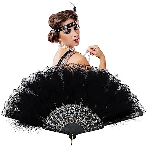 FUKPO Fächer Federn Schwarz, Federfächer 1920er Handfächer Spitze Vintage Feather Fan, Spitzenfächer Fächer Feder 20er Jahre Damen Kostüm Tanzen Show Hochzeit Karneval Party Flapper Zubehör von FUKPO