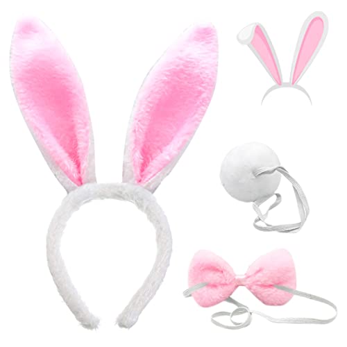 FUKPO Hasenohren Haarreif Set, Hasen Ohren Haarreifen Plüsch Hasenohren Stirnband Haarbänder Fliege Schwanz, Kaninchenohren Haarreif Ostern Bunny Kostüm Cosplay Party Kinder Erwachsene(Rosa Weiß) von FUKPO