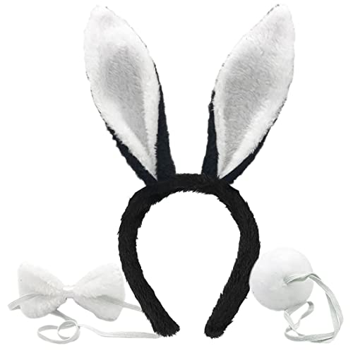 FUKPO Hasenohren Haarreif Set, Hasen Ohren Haarreifen Plüsch Hasenohren Stirnband Haarbänder Fliege Schwanz, Kaninchenohren Haarreif Ostern Bunny Kostüm Party Kinder Erwachsene(Weiß Schwarz) von FUKPO