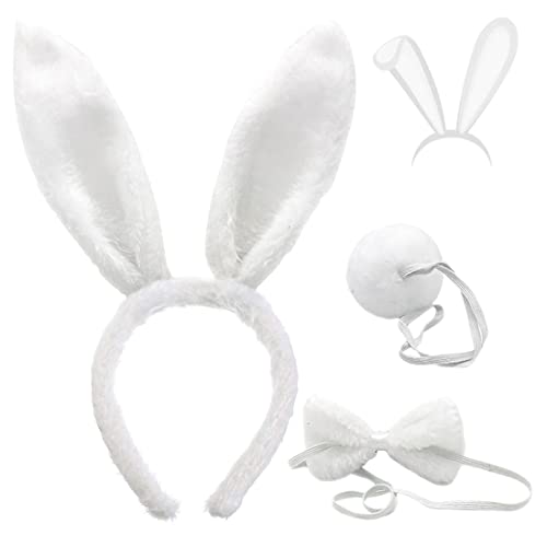 FUKPO Hasenohren Haarreif Set, Hasen Ohren Haarreifen Plüsch Hasenohren Stirnband Haarbänder Fliege Schwanz Weiß, Kaninchenohren Haarreif Ostern Bunny Kostüm Cosplay Karneval Party Kinder Erwachsene von FUKPO