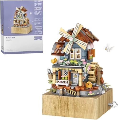 Windmühle Musikbox Bausteine Mit Minifigure, 799 Klemmbausteine Street View Architektur Modellbausatz, Technik Spieluhr des Windmühlenhauses Bauset Nicht Kompatibel mit Großen Marken von FULHOLPE