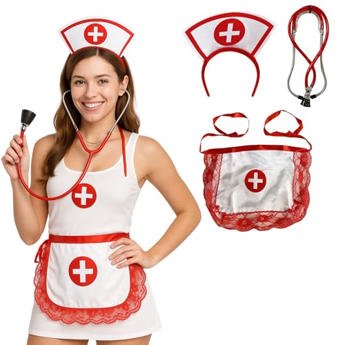 FUN FABLES 3-teiliges Krankenschwester-Kostüm-Zubehör-Set – Verkleidung Hut Stirnband Stethoskop Schürze Outfit Zubehör für Cosplay, Halloween, Karneval, Junggesellinnenabschied & Rollenspiele UK FUN FABLES 3-teiliges Krankenschwester-Kostüm-Zubehör-Set – Verkleidung Hut Stirnband Stethoskop Schürze Outfit Zubehör für Cosplay, Halloween, Karneval, Junggesellinnenabschied & Rollenspiele UK von FUN FABLES