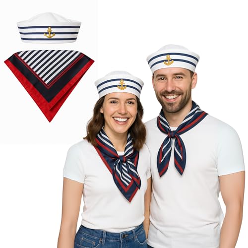FUN FABLES Kapitän Matrosen Kostüm Set für Erwachsene - Blau & Weiß Gestreifte Matrosenmütze mit rotem Rand Halstuch - Nautische Verkleidung Accessoires für Damen & Herren - One Size Yacht & Boot FUN FABLES Kapitän Matrosen Kostüm Set für Erwachsene - Blau & Weiß Gestreifte Matrosenmütze mit rotem Rand Halstuch - Nautische Verkleidung Accessoires für Damen & Herren - One Size Yacht & Boot von FUN FABLES