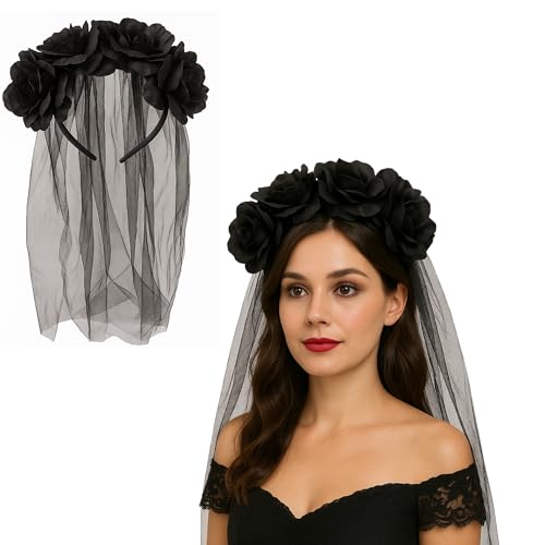 Gothic Braut Schleier Stirnband mit schwarzen Blumen & langem Schleier | Halloween Schwarz Kopfbedeckung für Frauen | Leichenbraut Zombie Tag der Toten & Faschingskostüm-Zubehör (1) von FUN FABLES