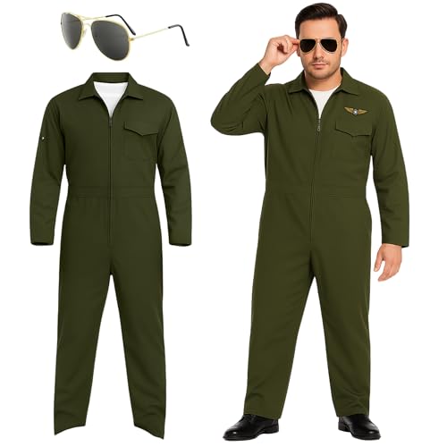 Herren Grüner Flug Fasching Overall und Top Gun Brille Set - Pilotenkostüm Erwachsene für Halloween, Junggesellenabschiede, Karneval & Themenveranstaltungen von FUN FABLES