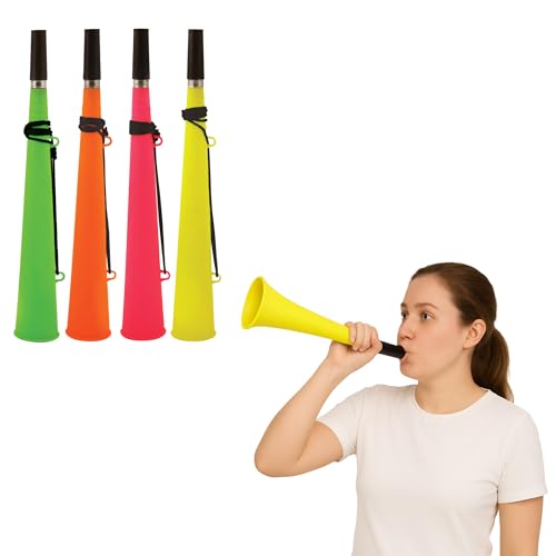 Neon Tieftöner Horn mit Schnur - Laute Kunststoff Stadion Trompete Noise Maker Vuvuzela für Fußball, Sport, Cheer, Party Favors - Verschiedene Farben (Sortiert, 4er Pack) von FUN FABLES