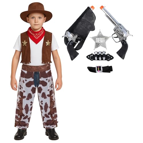 Western Cowboy Kostüm mit 7-teiligem Sheriff-Set für Kinder - Jungen & Mädchen Wilder Westen Sheriff Verkleidung Outfit - Rollenspiel Halloween Party Events (Large 10-12 Jahre) von FUN FABLES
