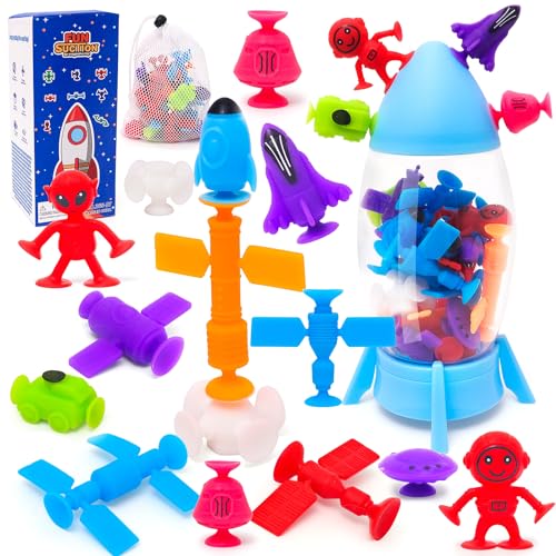 FUNCREVITY Badewannen Saugnapf Spielzeug Baby, 26 Stück Montessori Spielzeug ab 3 Jahre Bunt Weltraum Badespielzeug Ungelocht Sensorik Spielzeug für 3-8 Jahre Jungen Mädchen Kinder von FUNCREVITY