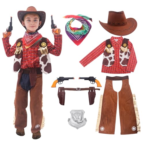 FUNCREVITY Cowboy Kostüm Kinder Cosplay Western Cowboy Zubehör Kinder für Geburtstag Weihnachten Ostern Valentinstag Geschenke Karneval Halloween Kinder 3-10 Jahre von FUNCREVITY