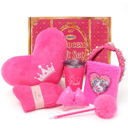 FUNCREVITY Geschenke für Mädchen Herzkissen Kuscheltier Plüsch Notizbuch Set Stirnband Socken Trinkflasche Haarspangen für 6-10 Jahre Kinder Geburtstag Weihnachten Ostern von FUNCREVITY