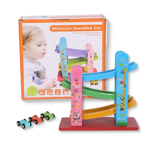 FUNFY Wooden Ramp Race Track Cars Game with 3 Mini Cars | Multicolor | Material: Wood | Tabletop Montessori Toy for Developing Creativity | Vibrant Design, for Kids von FUNFY
