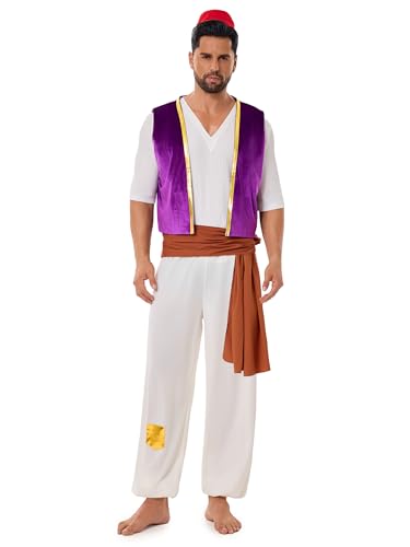 Funna Arabisches Kostüm für Herren, Erwachsene, Prinz-Kostüm, 5-teiliges Outfit mit Weste, Hut, Hemd, Hose, Gürtel für Partyzubehör, Größe XL von FUNNA