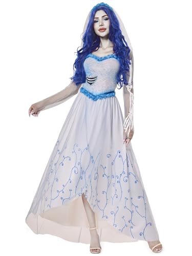 Funna Corpse Bride Kostüm Damen Kleid mit Schleier Halloween Cosplay, Weiss/opulenter Garten, Large (12-14) von FUNNA