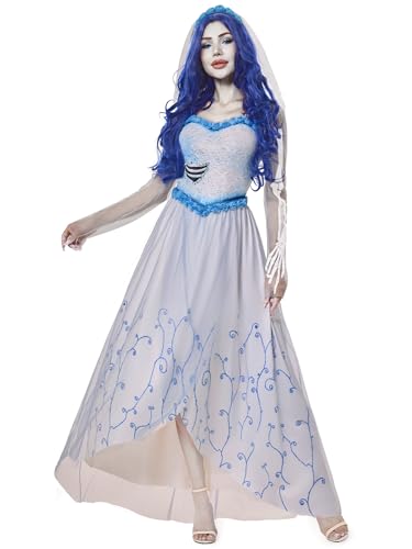 Funna Corpse Bride Kostüm Damen Kleid mit Schleier Halloween Cosplay, Weiss/opulenter Garten, Small (4-6) von FUNNA