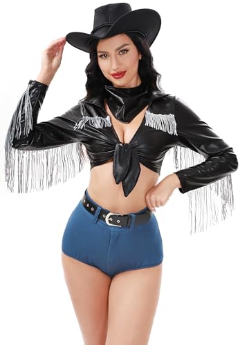 Funna Cowgirl Kostüm für Damen 5-teiliges Halloween-Outfit mit Hut Bandana Gürtel, Schwarz, XS von FUNNA