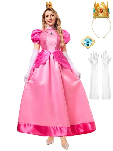 Funna Prinzessinnen-Kostüm für Erwachsene, Damen, Kleider, Halloween, Cosplay, mit Kronen-Handschuhen, Pink, X-Large (16-18) von FUNNA