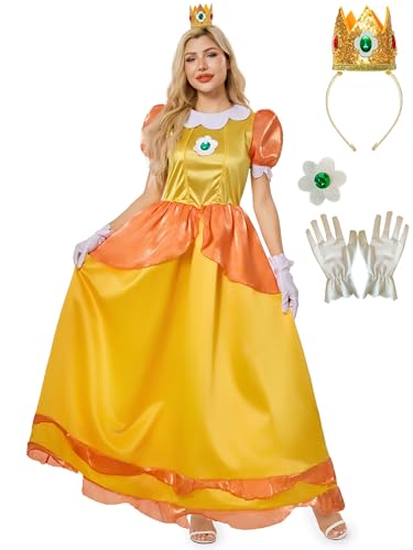 Funna Prinzessinnen-Kostüm für Erwachsene, Damen, Kleider, Halloween, Cosplay, mit Kronen-Handschuhen, gelb, X-Large (16-18) von FUNNA
