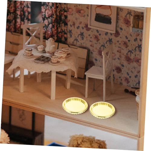 FUNNETOYU 10 Stück Teiliges Miniatur Puppenhaus Geschirrset Goldfarbene Runde Teller Miniature Deko DIY Zubehör für Puppenhaus Küche von FUNNETOYU