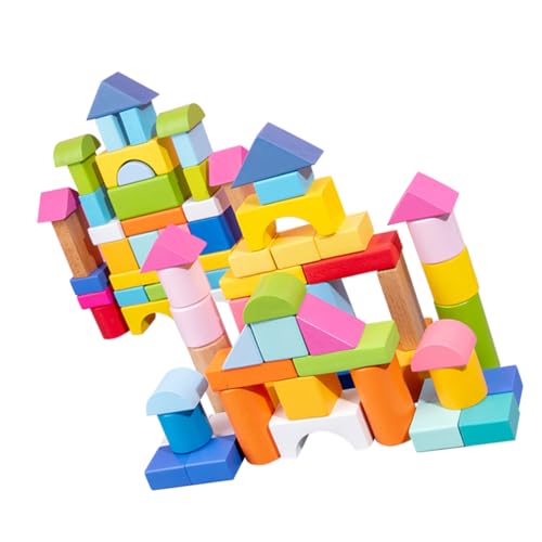 FUNNETOYU 100 Stück Bunte Holzbausteine Geometrisches Lernspielzeug für Kleinkinder Pädagogische Bausteine für Geburtstags und Feiertagsgeschenke von FUNNETOYU