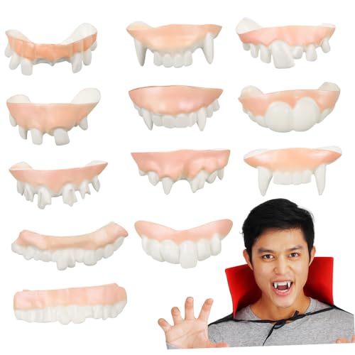FUNNETOYU 12 Stück Teiliges Vampirzähne Halloween Kostümzubehör Realistische und Lustige Vampirgebisse PVC Fake Teeth Passend für Cosplay Fasching und Halloween von FUNNETOYU