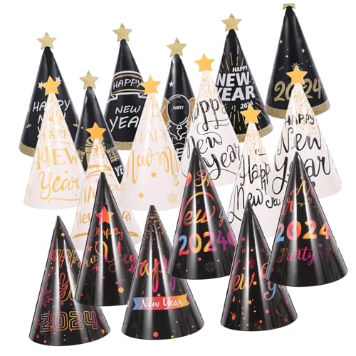 FUNNETOYU 18 Stück Teiliges Neujahrs-partyset mit Schwarzen und Goldfarbenen Papier-kegelhüten Robuste Silvester Partyhüte aus Papier Wiederverwendbar für Erwachsene Festliche Neujahrsdeko von FUNNETOYU