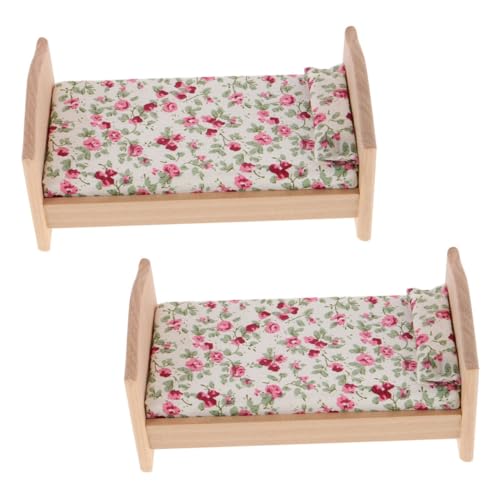 FUNNETOYU 2 STÜCK Teiliges Miniatur Puppenhaus Einzelbett aus Holz mit Stoffbettwäsche DIY Freundliches Vintage Schlafzimmermöbelmodell Realistisch Detailliert Leicht und Vielseitig für von FUNNETOYU