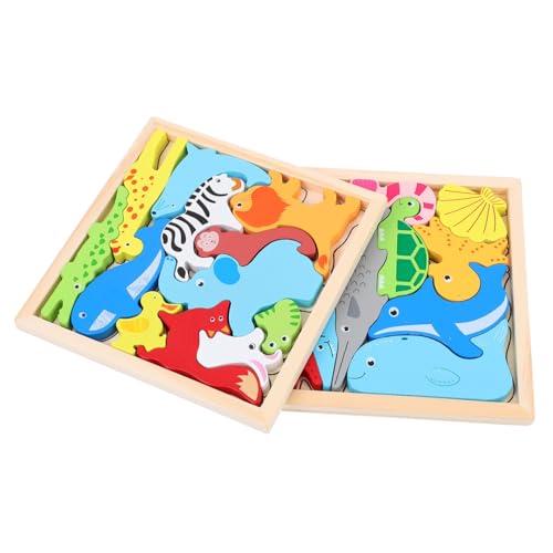 FUNNETOYU 2 Sätze Holzpuzzle Tiermotiv Lernspielzeug für Kleinkinder Steckspiel Stereoskopische Tiere Frühe Bildung Motorikförderung Holzspielzeug zur Intelligenzentwicklung von FUNNETOYU