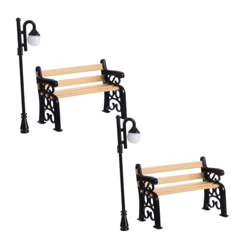 FUNNETOYU 2 Satz Miniatur Parkbänke und Straßenlaternen Schwarze Mini Gartenmöbel Dekorative Puppenhaus Accessoires Sichere Miniaturspielzeuge als Deko und Fotorequisiten von FUNNETOYU