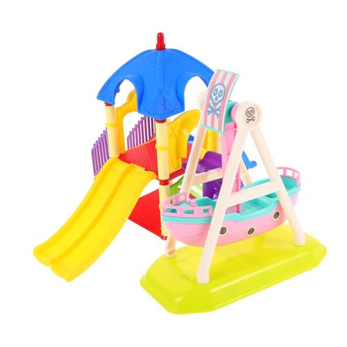 FUNNETOYU 2 Stück Miniatur Spielplatz Dekor mit Mini rutsche und Piratenschiff in Vielseitiges Puppenhaus Zubehör für Kreative Spielfiguren für Fantasievolle Spielszenen von FUNNETOYU
