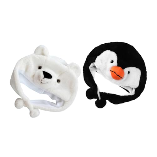 FUNNETOYU 2 Stück Teiliges Cartoon Animal Beanie für Weiche Plüschmütze mit Pinguin Eisbär Motiv Wärmende Atmungsaktive Kopfbedeckung für Frühling Herbst Winter für Outdoor und Geburtstag von FUNNETOYU