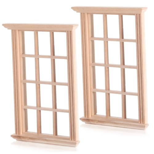 FUNNETOYU 2 Teiliges Puppenhaus Fensterrahmen aus Robustem Holz Realistische Miniatur Möbel Zubehör für Detailreiche Puppenhaus Dekoration und Vielseitige Modellhaus Nutzung von FUNNETOYU